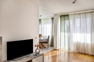 a living room with a flat screen tv on a wall at Haus Zum Rochusberg 1 in Bingen am Rhein