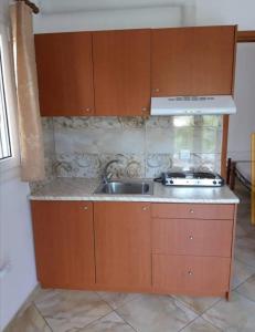 a kitchen with a sink and a counter top at Ενοικιαζόμενα Δωμάτια Γεωργία Σταμούλου in Rovies