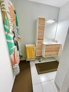een kleine badkamer met een wastafel en een spiegel bij Appartement de la Mer et du Levant in Schœlcher