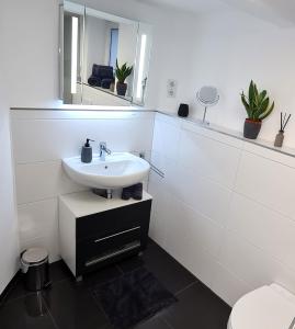 a white bathroom with a sink and a toilet at Wohnung am HELLER in Nürtingen