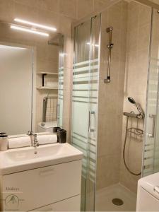 bagno con lavandino e doccia in vetro di L'OSLO Superbe T2 - à 3 min de la mer - clim / wifi - 1 Chambre a La Grande-Motte