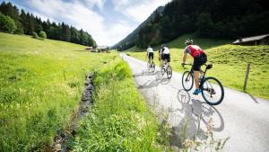 Tres personas en bicicleta por una carretera de montaña en Alpage Immo Location Service, en Champoussin