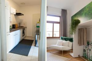 two views of a kitchen and a living room at City Pension in Reichenbach im Vogtland