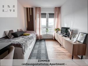 a bedroom with a bed and a tv and a window at LM-ApartmentsMainz-07 in Mainz