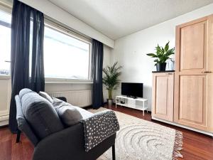 uma sala de estar com um sofá e uma televisão em Koti+ Outokumpu em Outokumpu