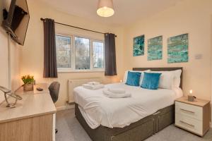 a bedroom with a large bed with blue pillows at Comfy Home on Burton Road in Derby