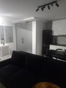 ein Wohnzimmer mit einem schwarzen Sofa und einer Küche in der Unterkunft Klimatyczny apartament w samym centrum Białegostoku in Białystok
