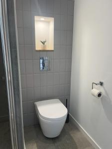 a bathroom with a toilet and a toilet paper roll at Studio avec terrasse proche de la mer in Lancieux