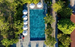 an overhead view of a swimming pool with umbrellas at Memorina Ninh Binh Resort in Ninh Binh