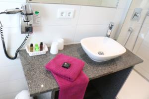 a bathroom with a sink and a white sink at Hotel Gästehaus Stock Zimmer Schokotöpfle in Friedrichshafen