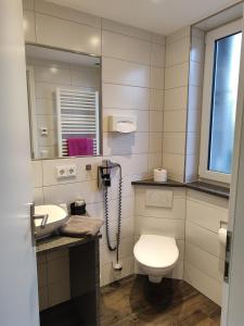 ein Badezimmer mit einem WC, einem Waschbecken und einem Spiegel in der Unterkunft Hotel Gästehaus Stock Zimmer Schokotöpfle in Friedrichshafen
