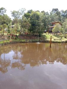 un grand étang avec une fontaine dans un parc dans l'établissement CHALÉS LUAR DO PICO, à Santo Antônio do Pinhal