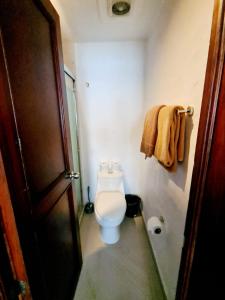 La salle de bains est pourvue de toilettes et de serviettes murales. dans l'établissement Hotel los tules 12-501, à Puerto Vallarta