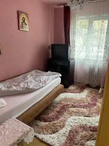 a bedroom with a bed and a window and a rug at Blu Azure in Cluj-Napoca