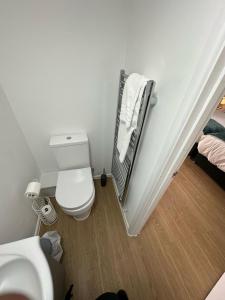 uma casa de banho com um WC e um toalheiro. em The Highmead em Blackwood