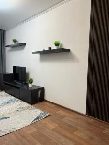 a living room with a tv and shelves on the wall at Уютная двушка в центре in Temirtaū