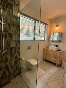 een badkamer met een douche, een toilet en een wastafel bij Constantia View Apartments OPERATIONAL DURING LOADSHEDDING in Kaapstad