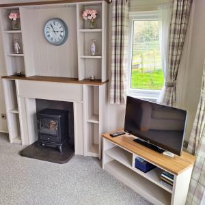 a living room with a tv and a fireplace at Caplor Glamping & Lodges in Hereford