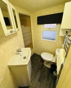 a small bathroom with a sink and a toilet at Golden Sands in Skegness