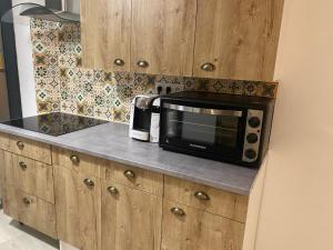 un four micro-ondes installé sur un comptoir dans une cuisine dans l'établissement chez Alain et Sylvie, à Braine