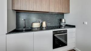 cocina con fregadero y fogones en Lion Apartments - SCALA City Center Apartments&Studio IIIC en Gdansk