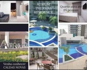 eine Collage mit Bildern eines Pools und von Gebäuden in der Unterkunft Atrium Thermas Residence Service in Caldas Novas