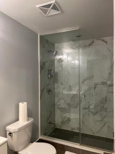 a bathroom with a glass shower with a toilet at Luxury Lakefront Condo in Toronto