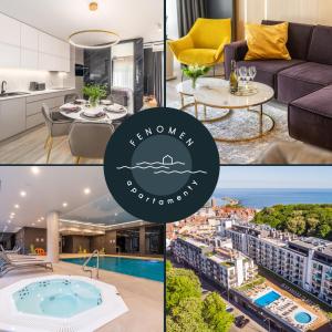 a collage of photos of a living room and a apartment at Apartamenty Fenomen - Premium Porto, Nadmorskie Tarasy FREE PARKING, SWIMMING POOL, SAUNA AND OTHER! in Kołobrzeg