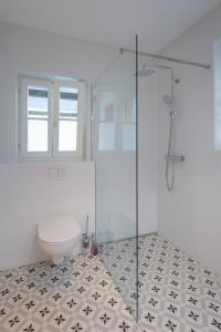 a bathroom with a toilet and a glass shower at Stampferei in Sichauf