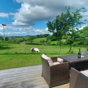 a patio with a table and chairs and a horse in the field at Caplor Glamping & Lodges in Hereford
