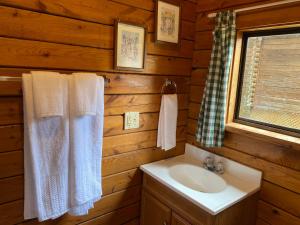 a bathroom with a sink and a mirror and towels at Poolside Rustic Cabin with Amazing Views in Salisbury