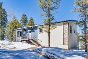 a house in the woods in the snow at Modern Florissant Mountain Retreat with Deck and Grill in Florissant