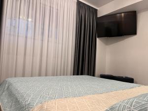 克拉約瓦的住宿－White & Elegant Luxury Apartament Decomandat，一间卧室设有一张床和一个带电视的窗户。