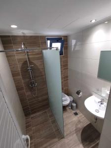 een badkamer met een douche, een toilet en een wastafel bij Zouboulia Apartments in Kardamaina