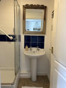 a bathroom with a sink and a mirror and a shower at Stylish house centrally located in Bury Saint Edmunds