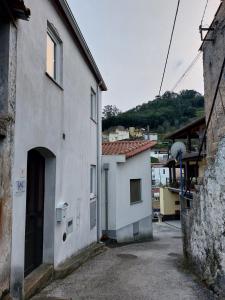 un edificio blanco con una puerta en una calle en Casa Vale do Rio en Penacova