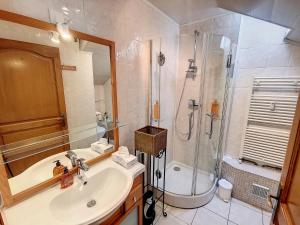 a bathroom with a sink and a shower at Grand appartement Les Peintures in Thonon-les-Bains