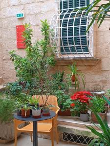 una mesa y sillas en un jardín con plantas en Palazzino Nina Boutique Hotel, en Qormi