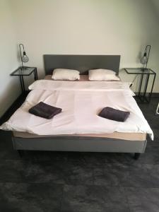 duże łóżko z dwoma poduszkami na górze w obiekcie Apartamenty Sielawa w mieście Mikołajki