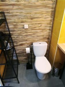 łazienka z toaletą i drewnianą ścianą w obiekcie Apartamenty Sielawa w mieście Mikołajki