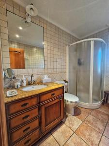 een badkamer met een douche, een wastafel en een toilet bij Mi Limón mi limonero in Valtierra