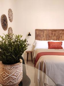 a bedroom with a bed and a table with a potted plant at Apartamentos VITA CENTER in Granada