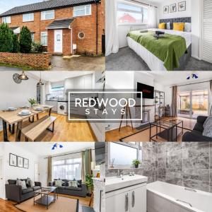 a collage of photos of a bedroom and a living room at Cosy 3-Bedroom Serviced House with Free Fast WiFi and Parking for 2 Cars By Redwood Stays in Camberley