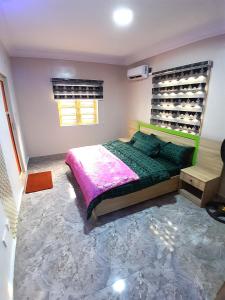 Mofide Queens Apartments (MQA) في Onigbongbo: غرفة نوم بسرير اخضر ونافذة