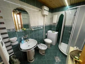 a bathroom with a sink and a toilet and a shower at Fireplace Chalet in Žabljak +22 photos