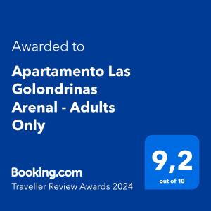 Un certificat, premiu, logo sau alt document afișat la Apartamento Las Golondrinas Arenal - Adults Only