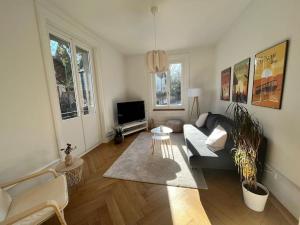 a living room with a couch and a tv at Luxuswohnung in der Stadt Bern in Bern