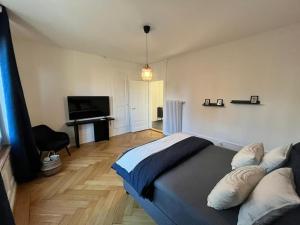 a bedroom with a bed and a desk and a television at Luxuswohnung in der Stadt Bern in Bern