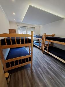 a room with three bunk beds in a room at Alpi Hostel in Skopje