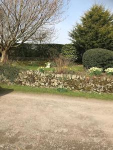 a stone wall in front of a garden at Stunning Shepherds Hut rural bliss Dumfries in Dumfries